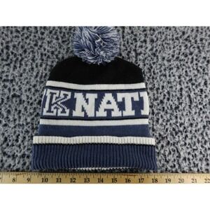 PINK Victoria's Secret Knit Beanie Hat Pom Pom‎ Logo "KNAT" "ON PINK" Blue White